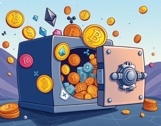 A cartoon illustration depicting a diversified crypto treasury strategy, combining various digital assets for balanced growth.