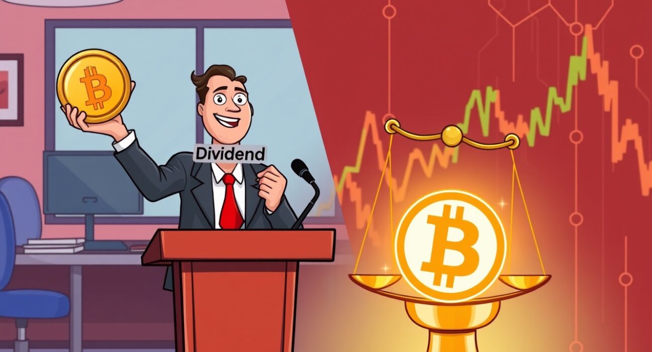 A cartoon CEO prioritizing dividend payments over holding Bitcoin for stable investor returns.