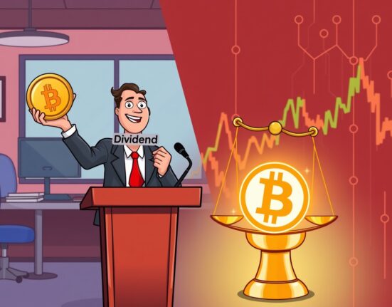 A cartoon CEO prioritizing dividend payments over holding Bitcoin for stable investor returns.