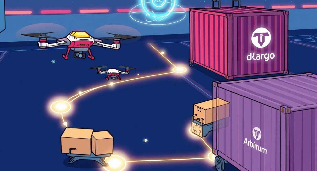 A futuristic logistics network powered by the dKargo Arbitrum Orbit mainnet, showcasing efficient package delivery and data exchange.