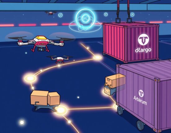 A futuristic logistics network powered by the dKargo Arbitrum Orbit mainnet, showcasing efficient package delivery and data exchange.