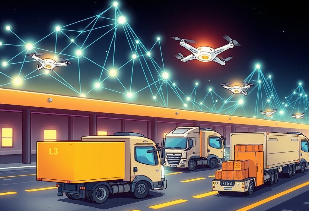 Cartoon illustration showing the dKargo L3 testnet enhancing logistics efficiency with seamless data flow and cost reduction.