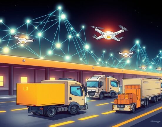 Cartoon illustration showing the dKargo L3 testnet enhancing logistics efficiency with seamless data flow and cost reduction.
