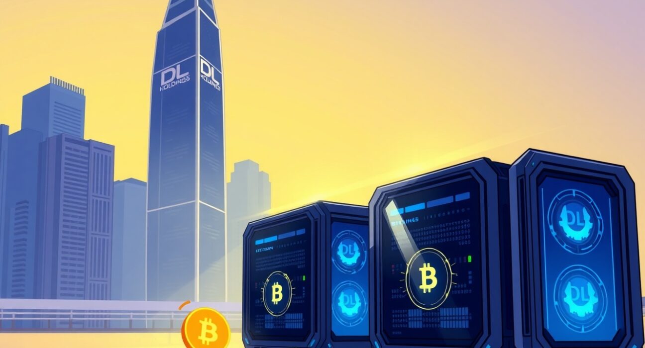 Cartoon illustration showing DL Holdings Bitcoin miners operating in a futuristic data center, representing the company's strategic acquisition.