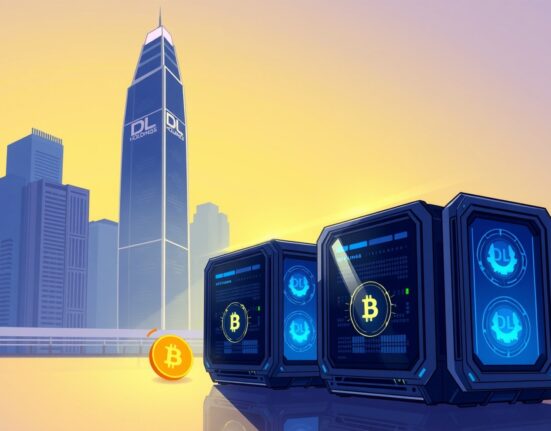 Cartoon illustration showing DL Holdings Bitcoin miners operating in a futuristic data center, representing the company's strategic acquisition.
