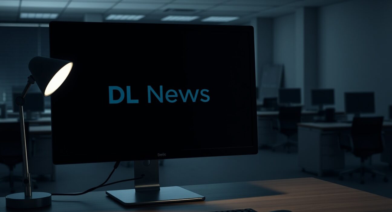 Dimly lit empty office desk with computer monitor showing DL News shutdown, representing crypto media closure