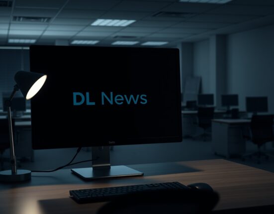 Dimly lit empty office desk with computer monitor showing DL News shutdown, representing crypto media closure