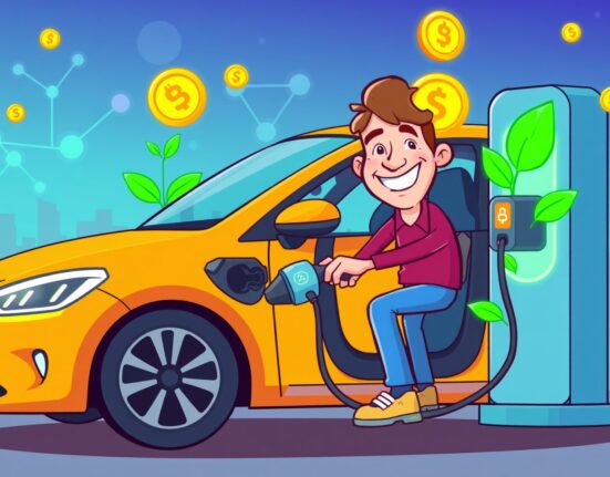 Electric car earning rewards on the Sui blockchain through smart charging.