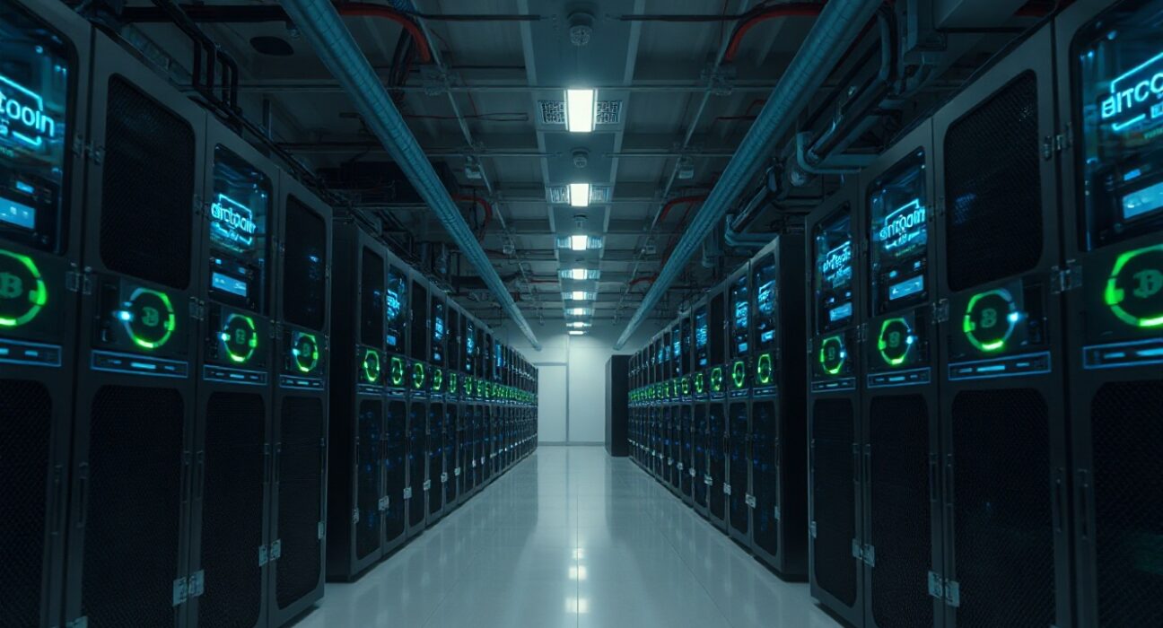 Interior of a Bitcoin mining facility with rows of ASIC mining rigs