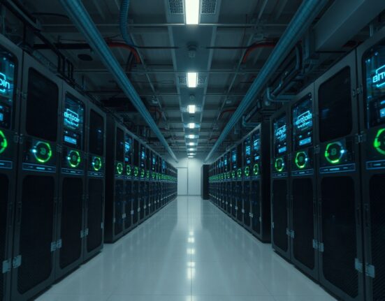 Interior of a Bitcoin mining facility with rows of ASIC mining rigs