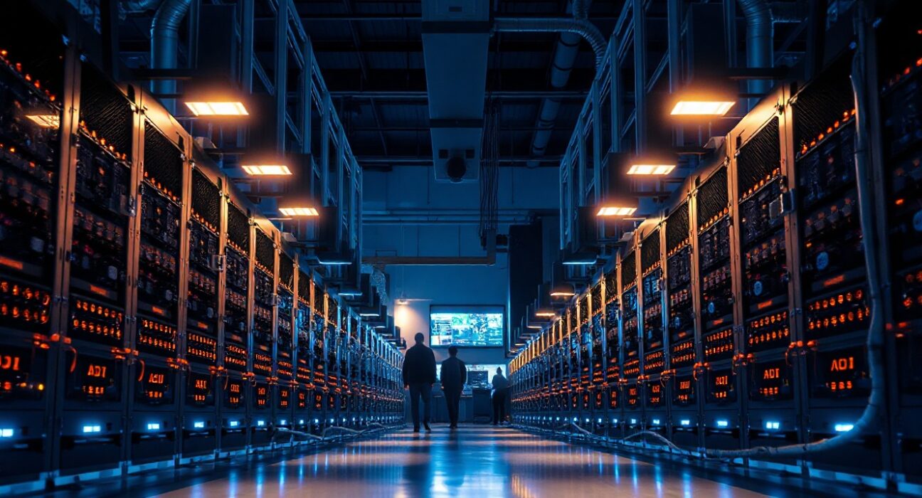 Interior view of a Bitcoin mining facility with rows of ASIC miners, representing DMG Blockchain's operations