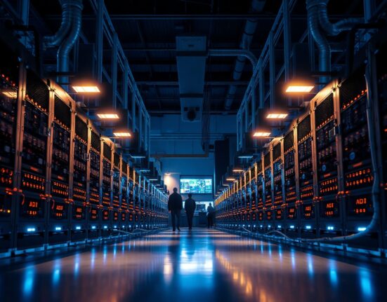 Interior view of a Bitcoin mining facility with rows of ASIC miners, representing DMG Blockchain's operations