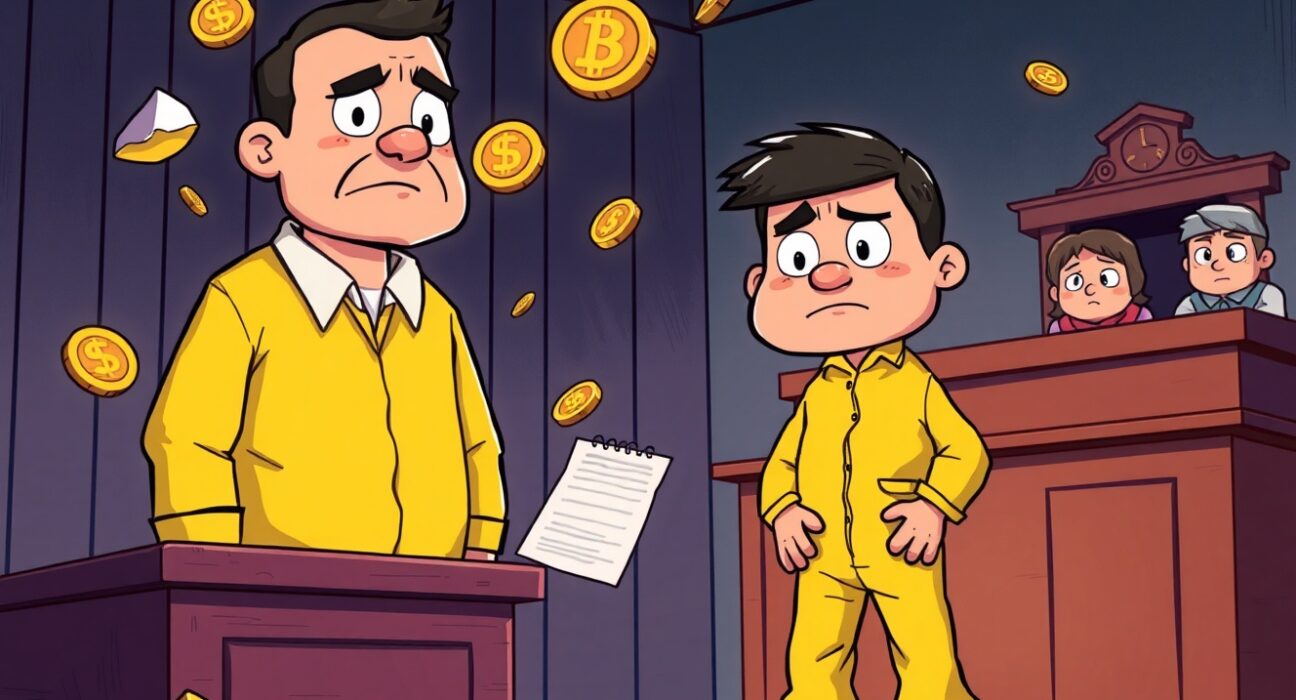 Do Kwon apologizes to victims in a cartoon courtroom scene symbolizing the Terra Luna collapse consequences.