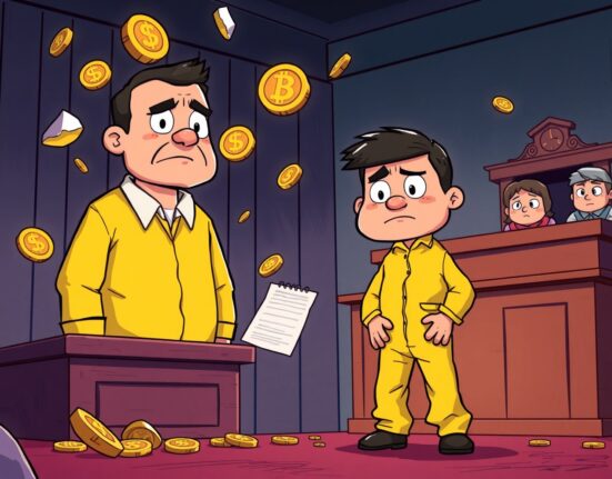 Do Kwon apologizes to victims in a cartoon courtroom scene symbolizing the Terra Luna collapse consequences.