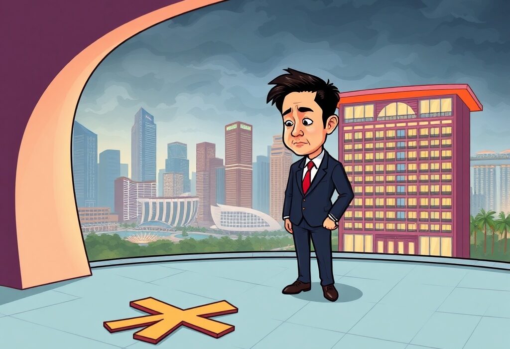 A cartoon illustration showing Do Kwon losing his bid for the Singapore penthouse deposit, symbolizing a significant legal defeat.