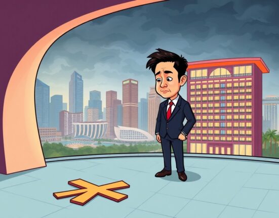 A cartoon illustration showing Do Kwon losing his bid for the Singapore penthouse deposit, symbolizing a significant legal defeat.