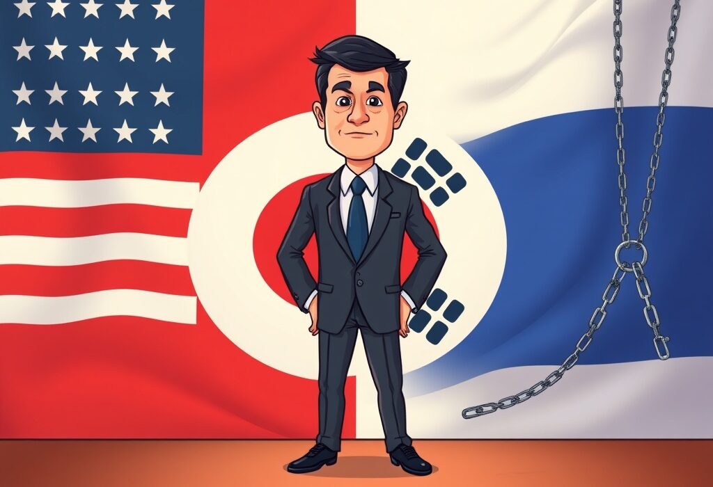 Cartoon illustration of Do Kwon's legal situation, showing a split between US and South Korea, symbolizing his potential Do Kwon sentence agreement.
