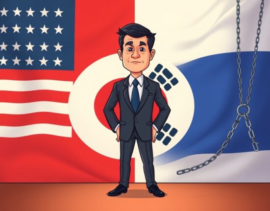 Cartoon illustration of Do Kwon's legal situation, showing a split between US and South Korea, symbolizing his potential Do Kwon sentence agreement.