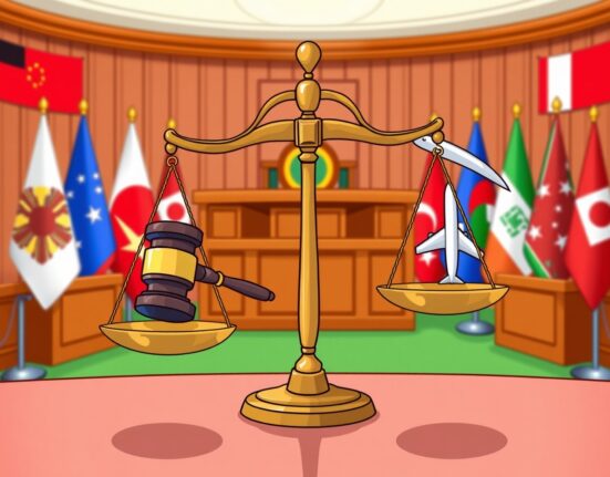 Cartoon illustration depicting the balance of Do Kwon's sentence between US and South Korean legal scales.