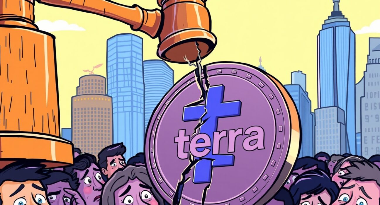 Cartoon illustration of the Do Kwon sentencing verdict for the Terra collapse.