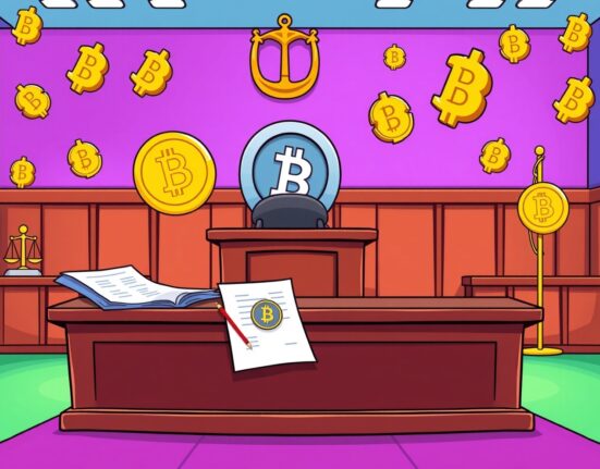 Cartoon courtroom scene depicting Terra fraud case with cryptocurrency elements and legal proceedings