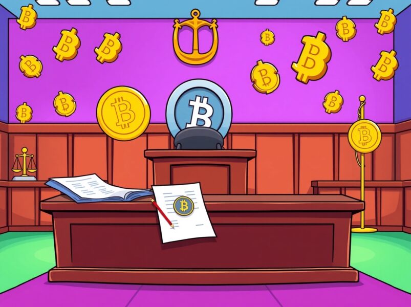 Cartoon courtroom scene depicting Terra fraud case with cryptocurrency elements and legal proceedings