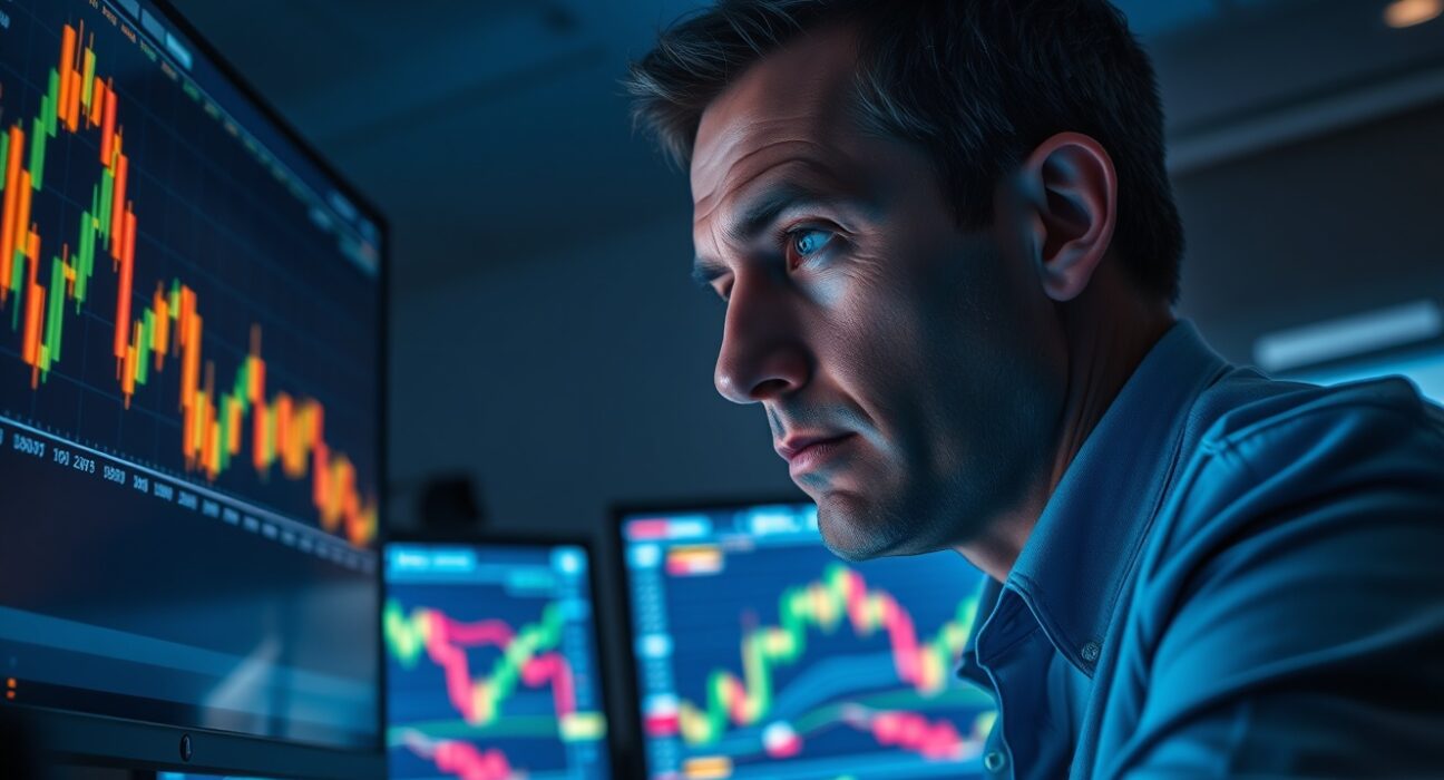 Analyst in trading office watching Bitcoin price charts on multiple monitors