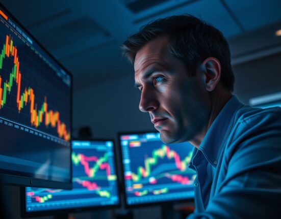 Analyst in trading office watching Bitcoin price charts on multiple monitors