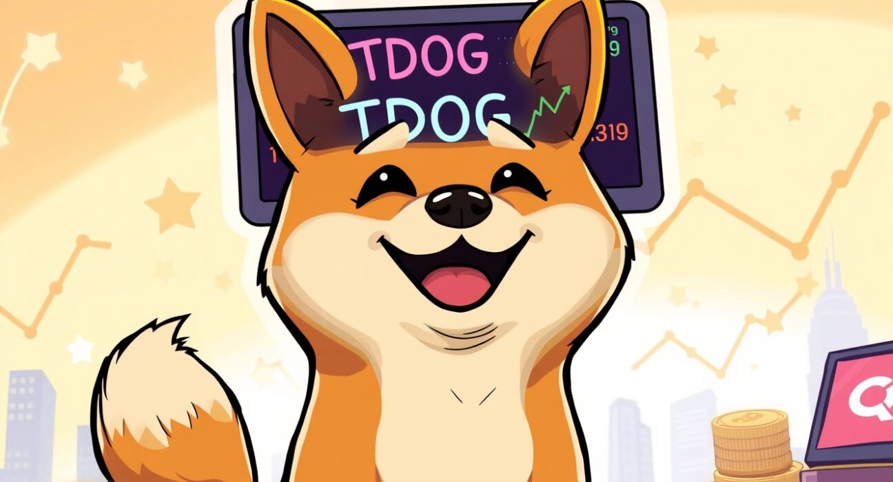 A cheerful Shiba Inu representing Dogecoin looks at a 'TDOG' ticker, symbolizing the potential of the new DOGE ETF listing.