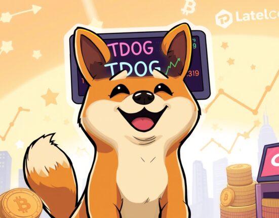 A cheerful Shiba Inu representing Dogecoin looks at a 'TDOG' ticker, symbolizing the potential of the new DOGE ETF listing.