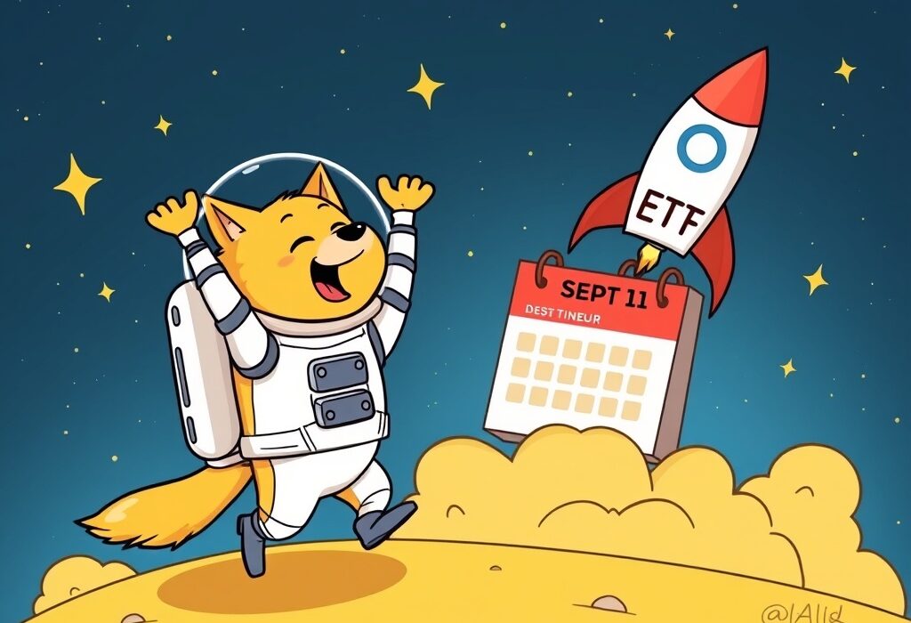 Cartoon Dogecoin mascot celebrating the launch of a new DOGE ETF, symbolizing a significant step for crypto investment.