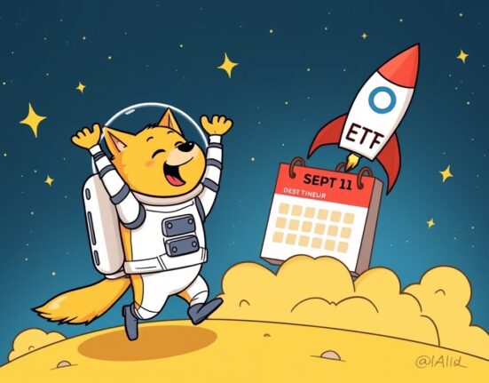 Cartoon Dogecoin mascot celebrating the launch of a new DOGE ETF, symbolizing a significant step for crypto investment.