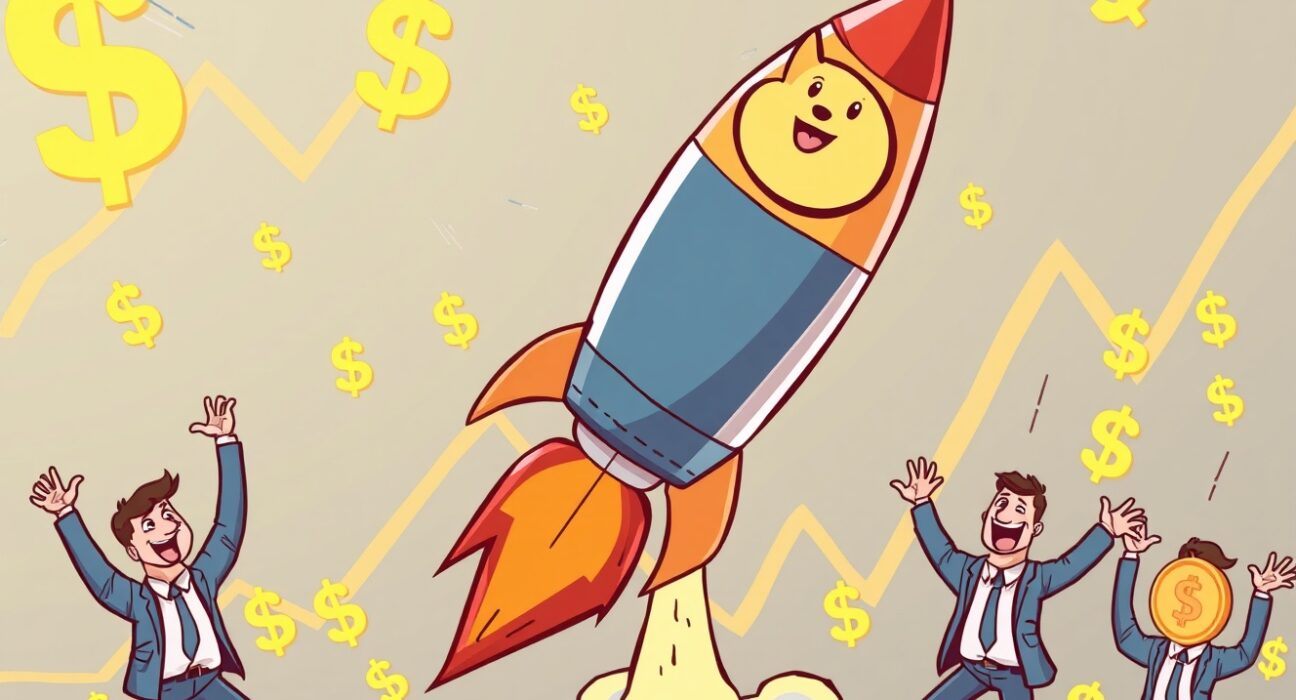 A vibrant cartoon illustration showing a Dogecoin rocket launching from a financial chart, symbolizing the astounding debut of the DOGE ETF.