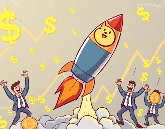 A vibrant cartoon illustration showing a Dogecoin rocket launching from a financial chart, symbolizing the astounding debut of the DOGE ETF.