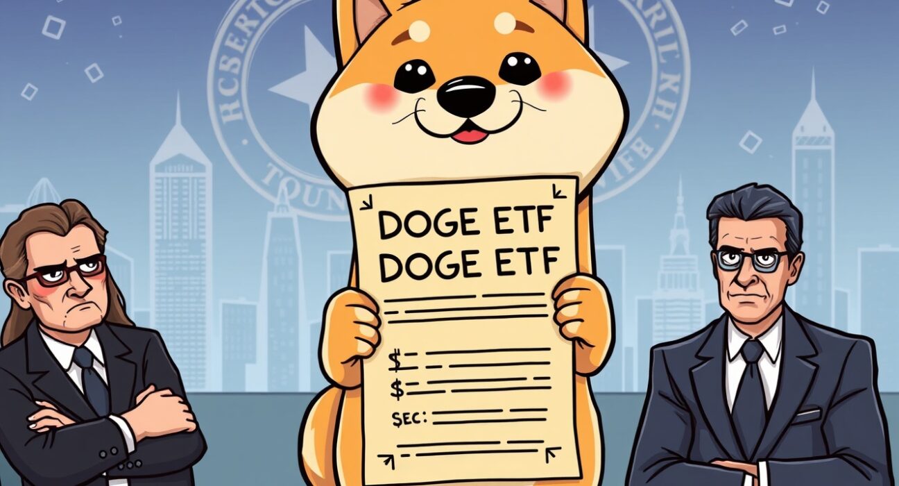 A cartoon Shiba Inu presenting a unique DOGE ETF structure to SEC figures, symbolizing the innovative approach for approval.