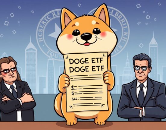 A cartoon Shiba Inu presenting a unique DOGE ETF structure to SEC figures, symbolizing the innovative approach for approval.