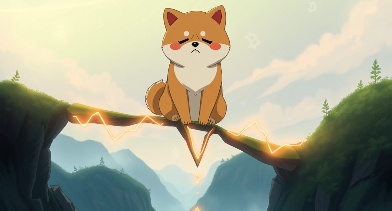 Conceptual Ghibli-style art representing a Dogecoin price prediction showing bearish technical patterns.