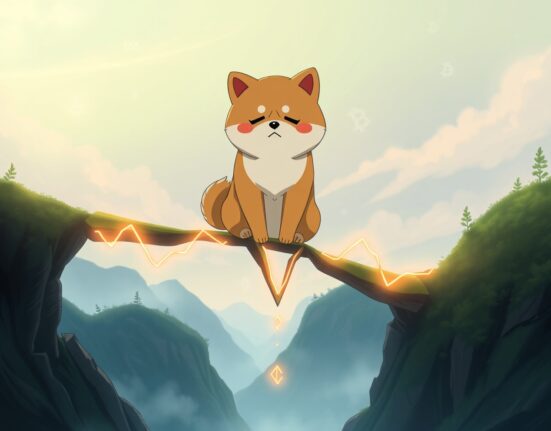 Conceptual Ghibli-style art representing a Dogecoin price prediction showing bearish technical patterns.