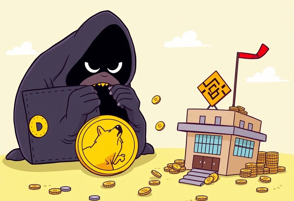 A cartoon illustration showing a massive DOGE transfer from an unknown wallet to Binance, symbolizing significant crypto market activity.