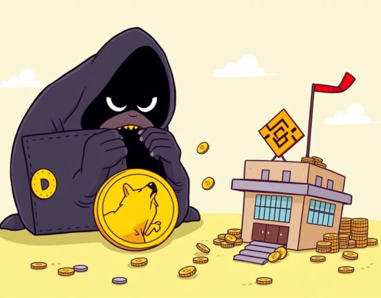 A cartoon illustration showing a massive DOGE transfer from an unknown wallet to Binance, symbolizing significant crypto market activity.