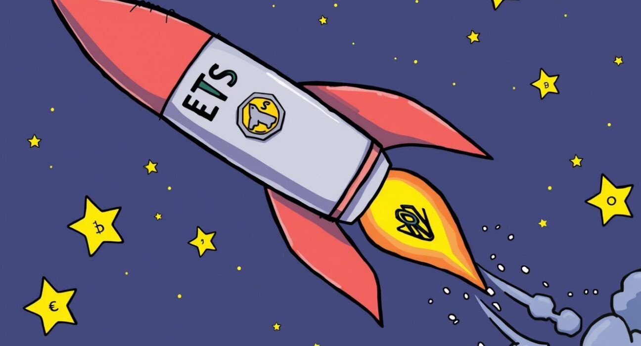 A rocket representing the launch of DOGE and XRP ETFs, symbolizing new investment opportunities in the crypto market.