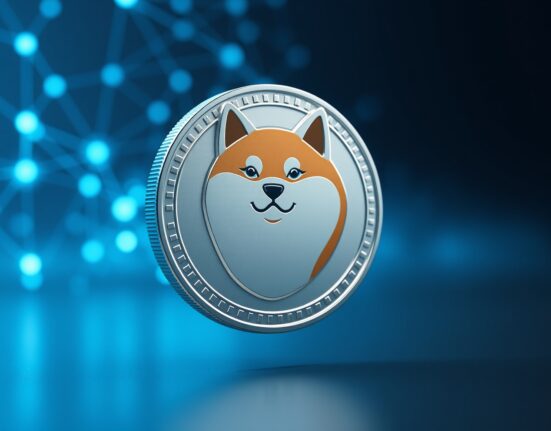 Dogecoin Shiba Inu logo representing the cryptocurrency's recent surge in network activity.