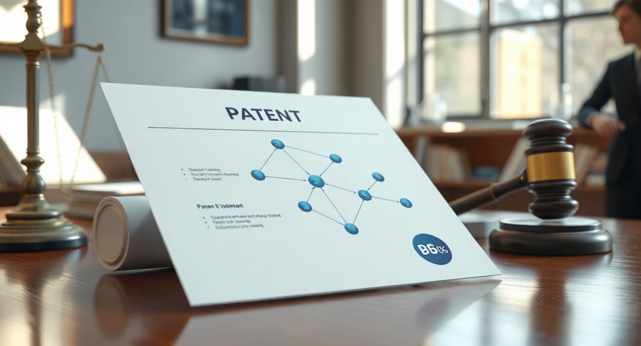 Patent document with blockchain network diagram on a wooden desk