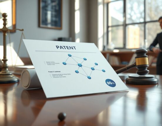 Patent document with blockchain network diagram on a wooden desk