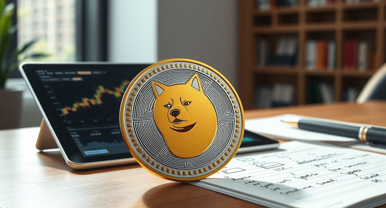 Dogecoin price prediction analysis showing DOGE token on financial analyst desk with market charts