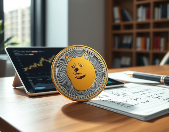 Dogecoin price prediction analysis showing DOGE token on financial analyst desk with market charts