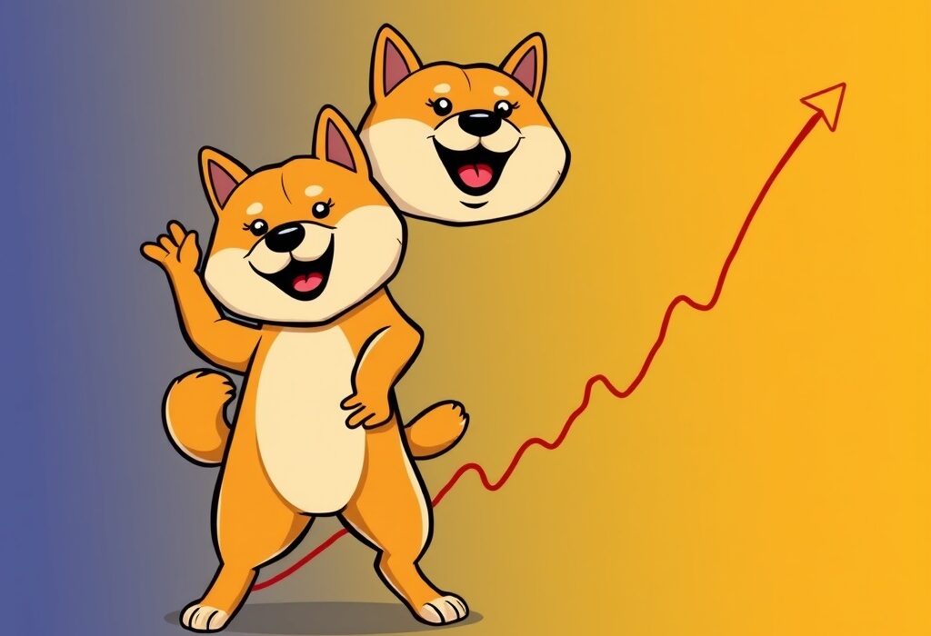 A cartoon Shiba Inu on a crypto chart, illustrating Dogecoin's double bottom pattern and potential rally.