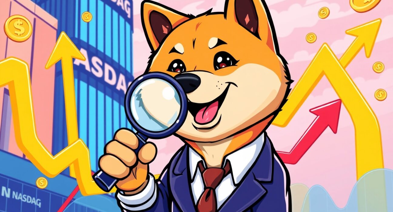 Cheerful Shiba Inu analyzing Dogecoin ETF performance on Nasdaq trading platform