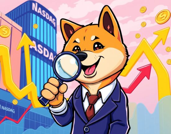 Cheerful Shiba Inu analyzing Dogecoin ETF performance on Nasdaq trading platform