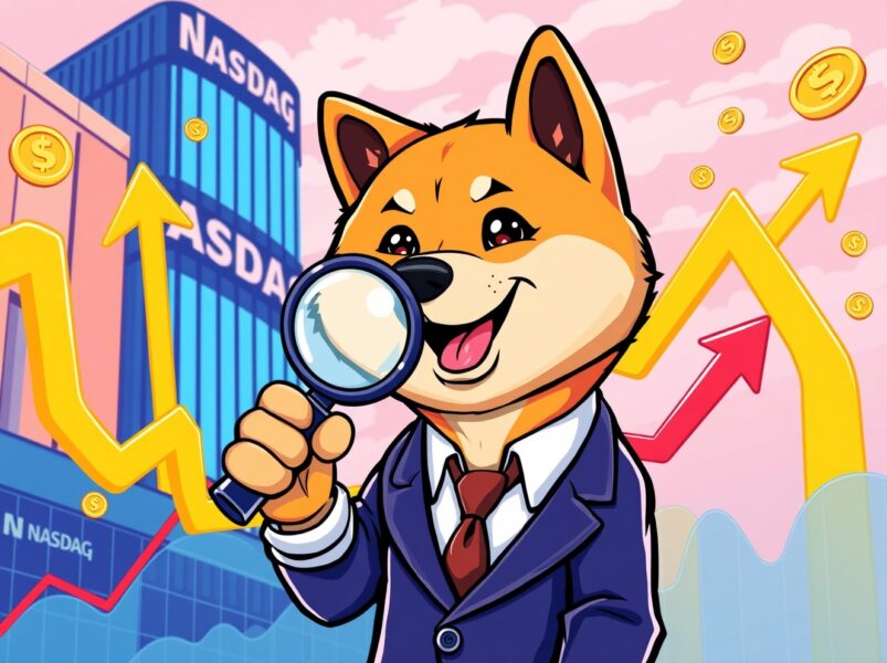 Cheerful Shiba Inu analyzing Dogecoin ETF performance on Nasdaq trading platform